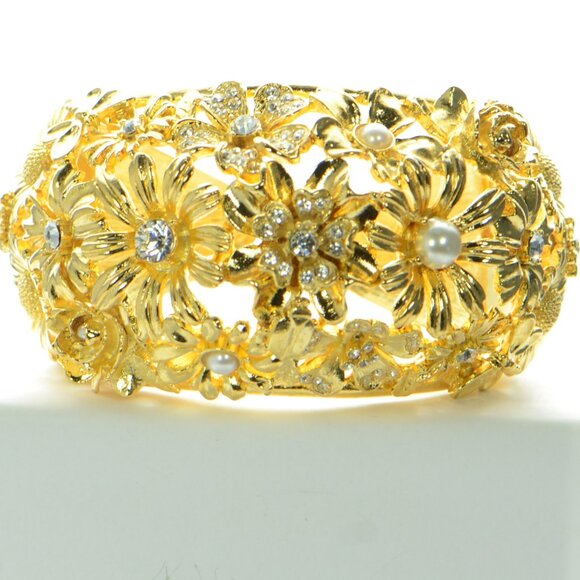 Vintage Kenneth Jay Lane KJL Gold-tone Flower Domed Cuff Bracelet